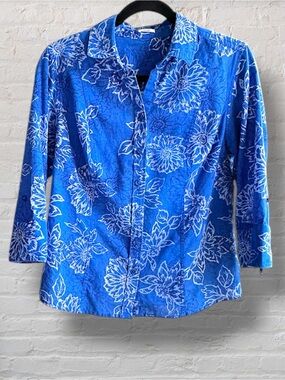 RICKI'S TAILORED Linen Cotton Blue Floral Button Up Blouse 3/4 Roll Sleeve Small